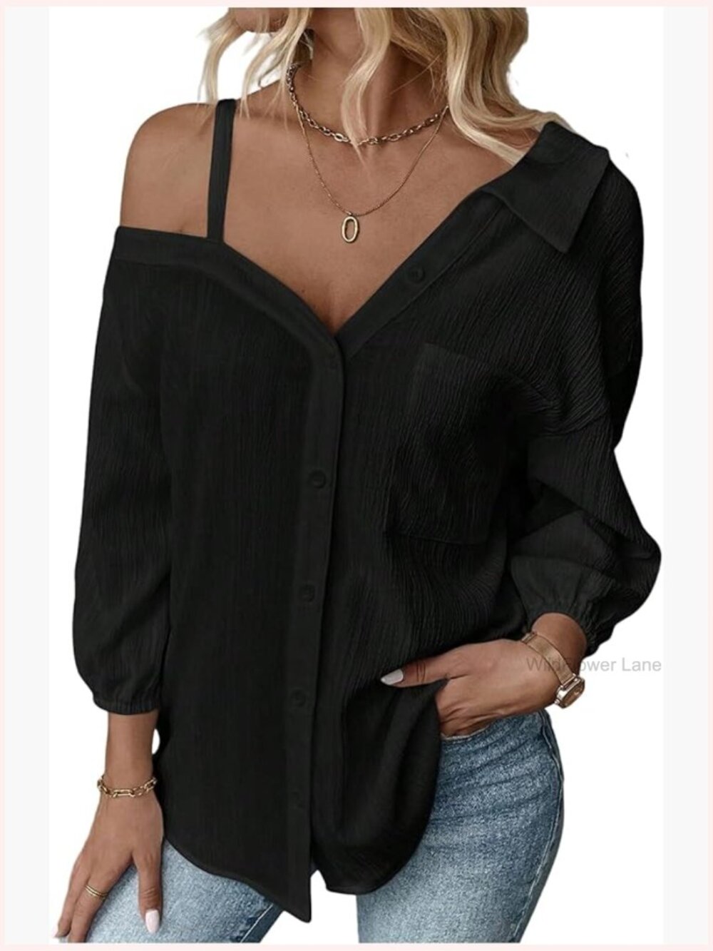 Off Shoulder Long Sleeve Button Down Linen Blouse Top - Picture 1 of 5